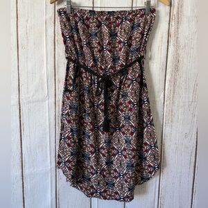 Dex Strapless Geometric Print Mini Dress with Tassel Rope Belt